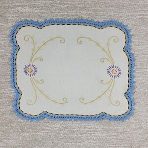 Vintage Embroidered Vanity Doily Blue Crochet Lace Floral Scalloped Edge Linen